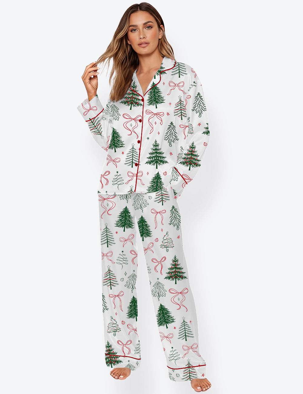 Women’s Coquette Merry Christmas Preppy Christmas Tree Long Sleeve Satin Pajama Set